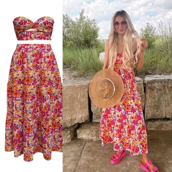 2 Piece Set Floral Strapless Top & High Waist Flared Maxi Skirt Pink Yellow - Picture 8 of 9